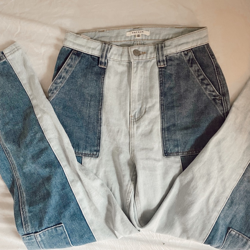 light blue and dark blue patchwork cargo pants from PacSun
